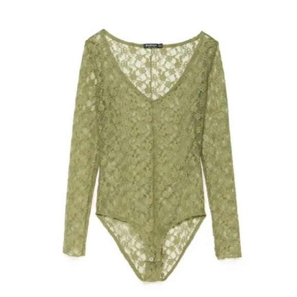 NWT Stradivarius Green Lace Corset Bodysuit - Picture 2 of 9